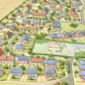 Artist's impression of aerial view of Lily Cross development in Godshill