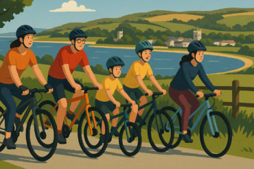 Illustration of people cycling in the countryside