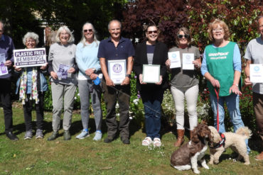 Graham Hawkins of Woodrord's Butchers; Stella Peterson-local supporter; Lindsey Newberry and Ally de Trey-community leads for Plastic Free Bembridge (PFB); Martin Groom-chair of Bembridge Parish Council; Alison Austin of The Sea Room; Gail Cooper of Bembridge Barbers; Stephanie Elliott lead for Greenpeace IOW which is a community ally and David Hunt of David Hunt Tai Chi