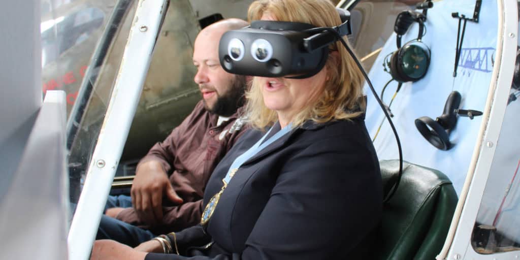 Dave Needham and Jacque Gazzard in flight simulator
