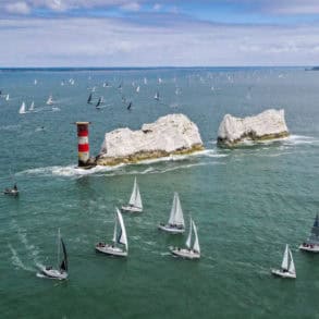 Aerial view of Round the Island fleet, sailing around the Needles
