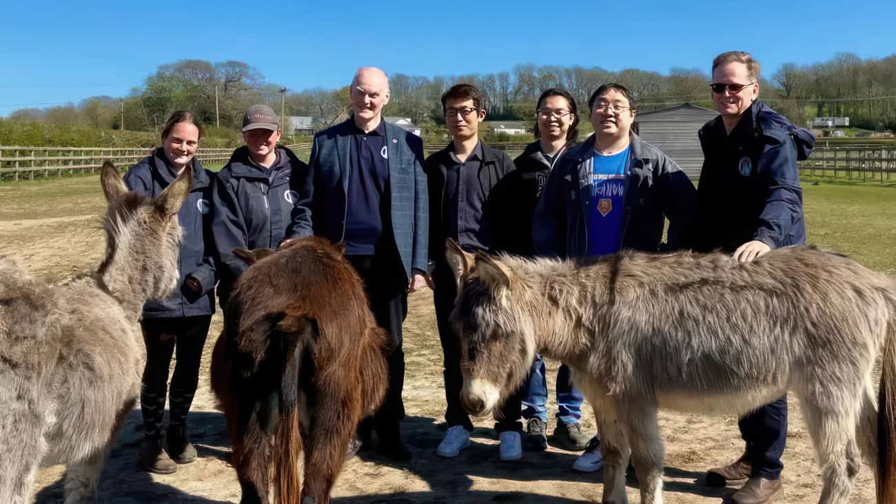 Stephen Tobitt, general manager, and Gordon Pattison, trustee, plus Olivia Williams and Kelsie Kenneavy from the Isle of Wight Donkey Sanctuary, with the University team Dr Xiaohao Cai, Pengcheng Fang and Yu-Cheng Lai