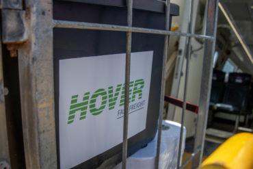 Hovercraft doorway with trolley of Fast Freight boxes