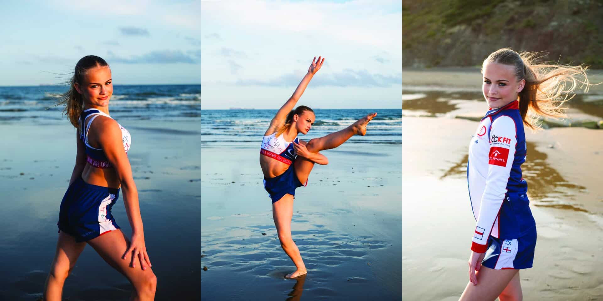 Montage of images of Jess Burfitt on the beach in her England kit