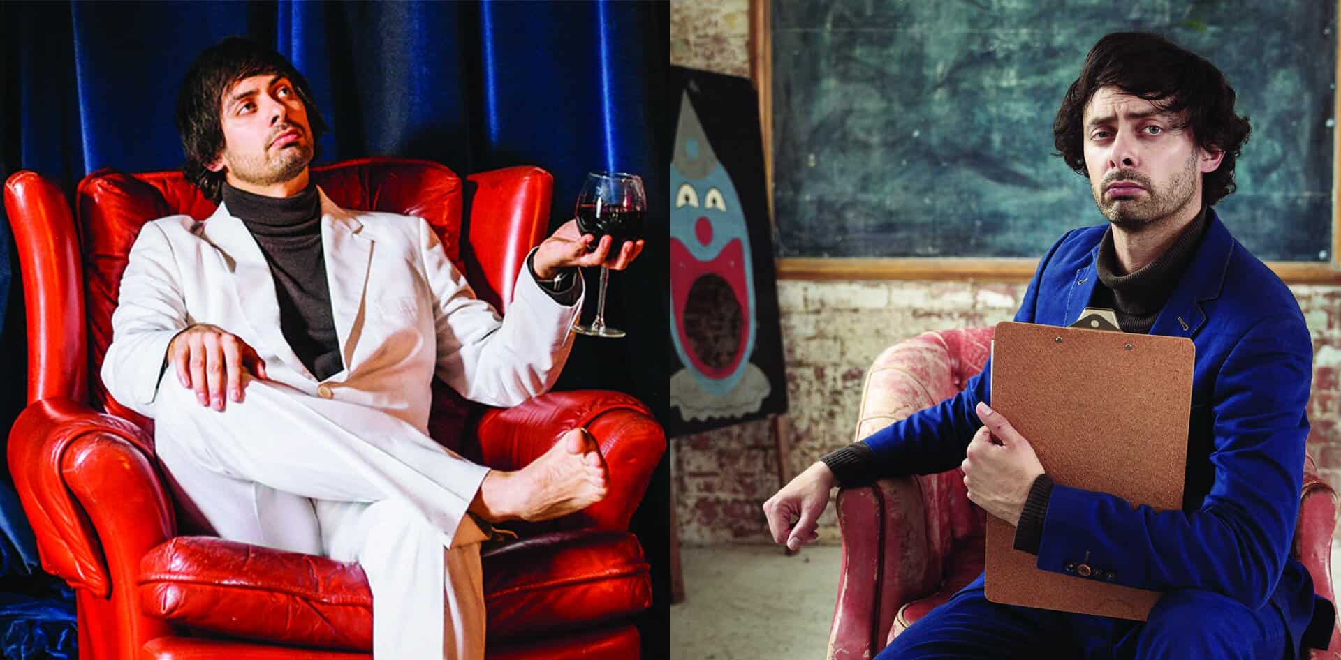 Marcel Lucont in a chair with a glass of wine and Marcel also sitting on another chair with a painting of a clown next to him