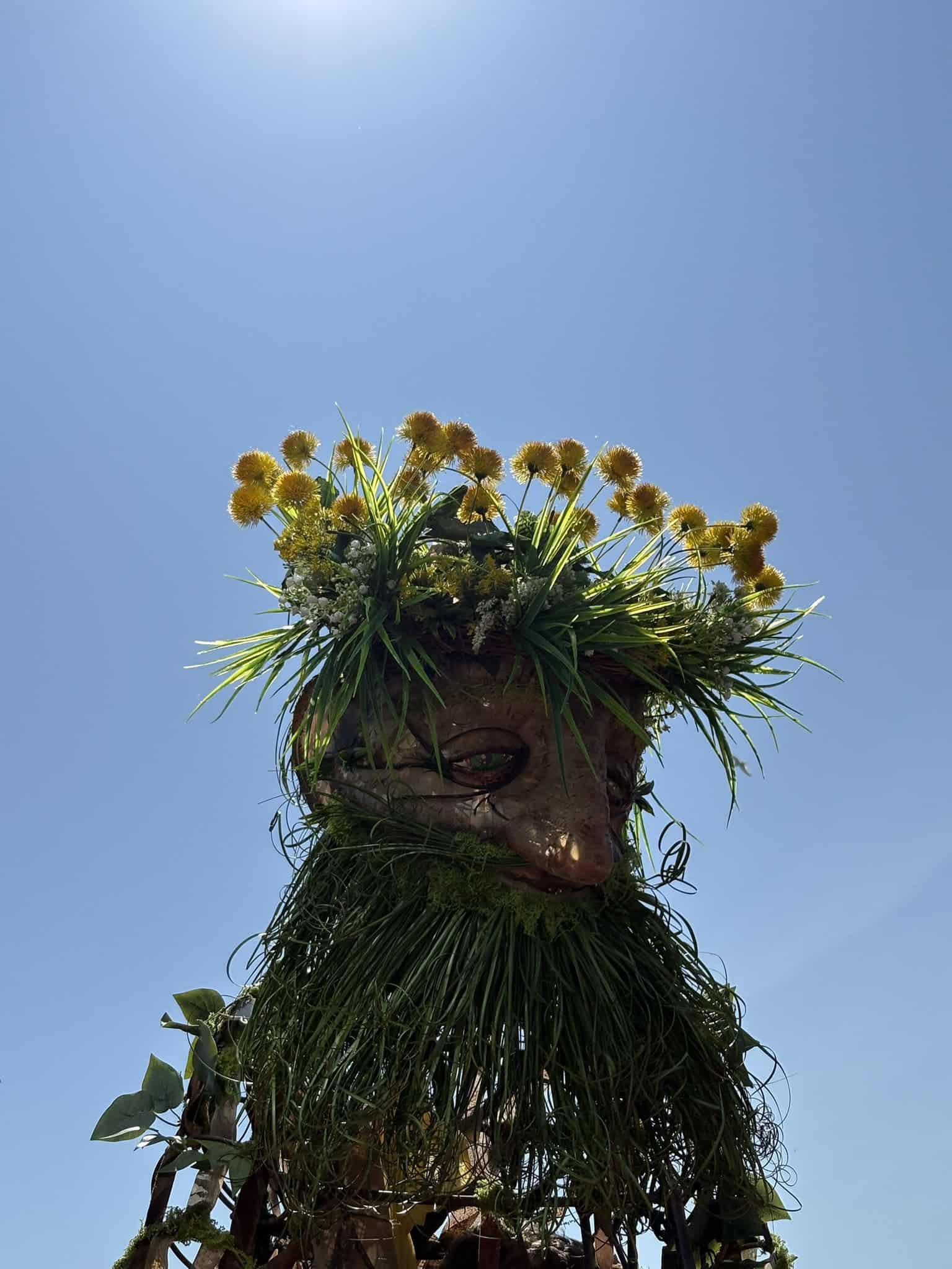 The head of Daniel the 8-foot puppet with a blue sky in the background