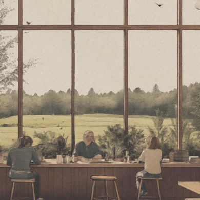 Artist's impression of people working in the International School of Rewilding, with large windows looking out onto the rewilded area