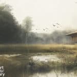 Illustration of a man bird watching through binoculars over a pond