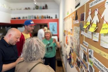 Amateur sleuths looking at the evidence board trying to make sense of the evidence