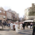 Cowes Boozer book cover showing painting from Victorian period of people walking in the street past an ale house