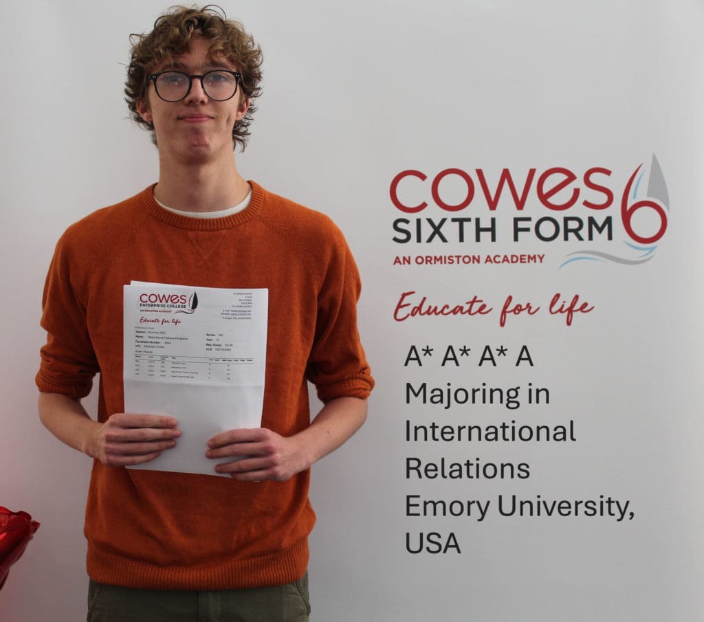 Cowes Enterprise College student Blake with his a-level results
