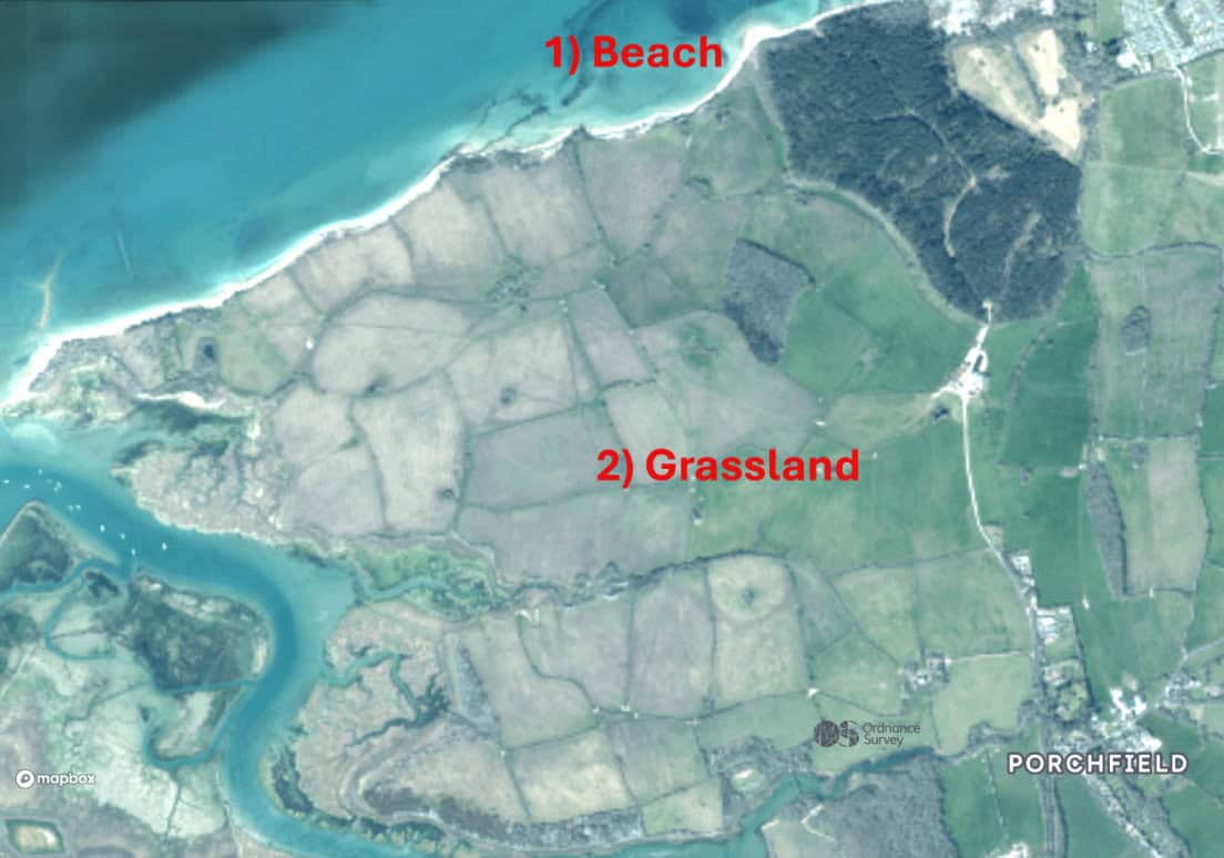 OS image showing aerial view of Newtown and Porchfield
