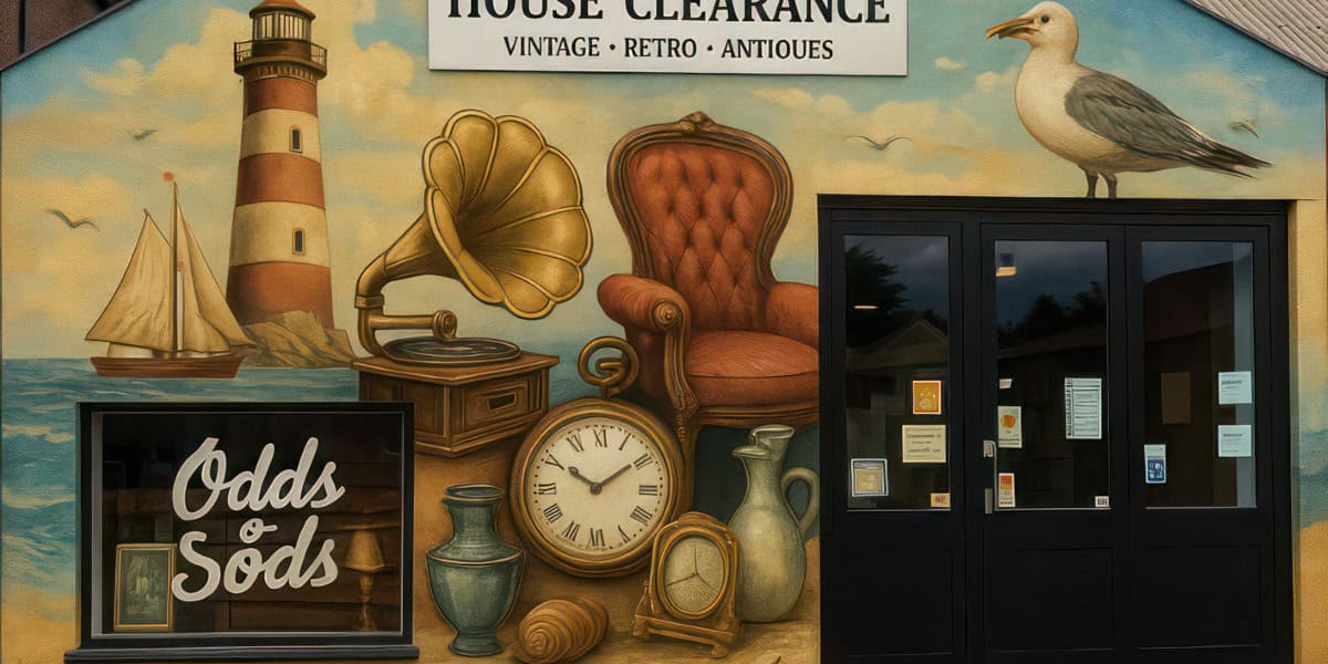 Odds and sods mural showing antiques in a seaside setting