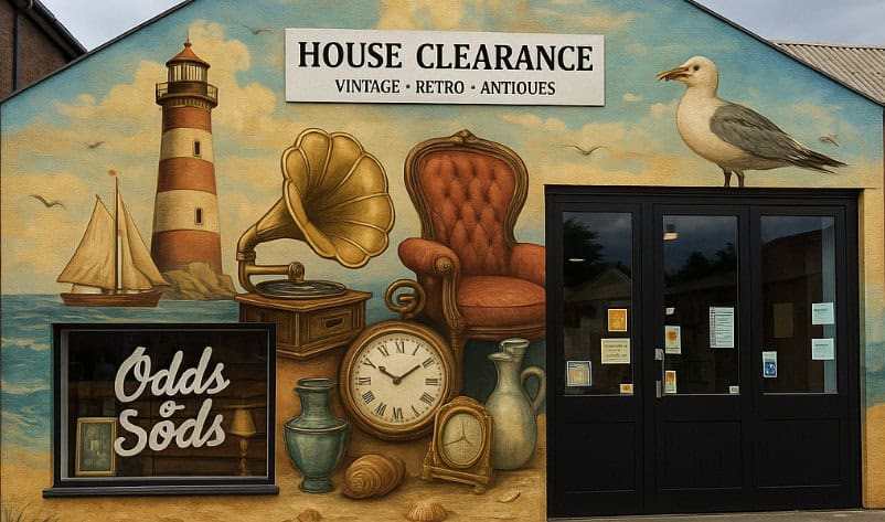 Odds and sods mural showing antiques in a seaside setting