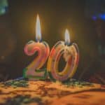 birthday cake with numbered 20 candles on top