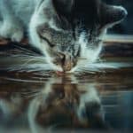 cat drinking from a pond
