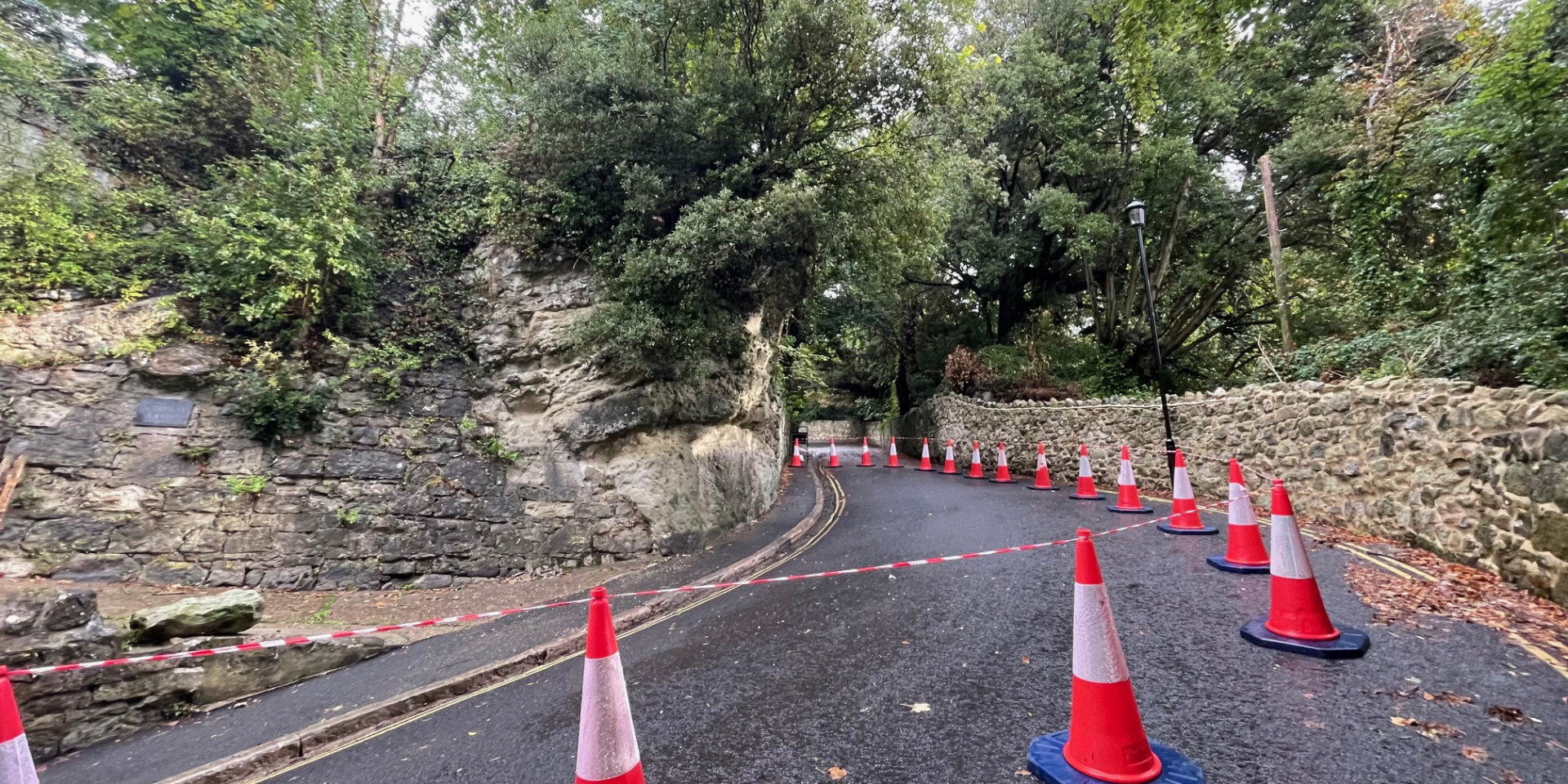 Bonchurch Shute closure sign and road cones