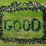 Aerial shot of pupils on the playing field spelling out Good