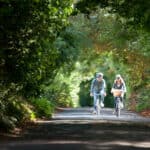 People cycling through green tunnel of woodland - Visit Isle of Wight