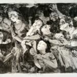 Charcoal drawing of a dramatic night scene with a woman holding a baby and lots of people crammed around her