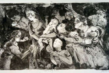 Charcoal drawing of a dramatic night scene with a woman holding a baby and lots of people crammed around her
