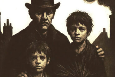 Illustration of an adult Chimney sweep and two children sweeps