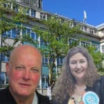county hall inthe background with mugshots of dave adams and caroline gladwin overlaid on top