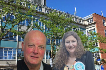 county hall inthe background with mugshots of dave adams and caroline gladwin overlaid on top