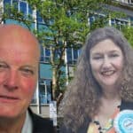 county hall inthe background with mugshots of dave adams and caroline gladwin overlaid on top