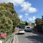 a bus travelling on newport road by the graben - photo shows the bus leaning heavily into the incoming lane