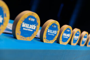 The awards lined up on a table
