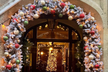 Entrance door to East Dene adorned with Christmas decorations