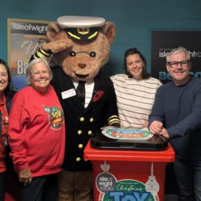 Sandra Knowles (Red Funnel), Karen Eeles, Captain Ted, Hayley Woodward, Paul Topping and Heather McCallum launch the Toy Appeal on Isle of Wight Radio