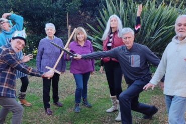 Front row: Chris Slann as King George, Mike Smith as Turkish Knight, Heydon Thomas as the Presenter. Back row, Frankie Goldspink as the Doctor, Liz Thomas as Mother Dolly, Alison Knapman as the Fool, Elaine Smith as Mother Christmas