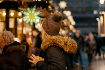 Twinkly lights and lit-up stalls at the christmas market
