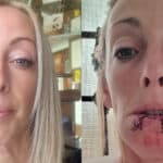 Before and after photos of Lauren Chandler showing damage to face from dog attack