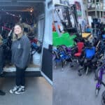 Photo of donated medical equipment and Hollie and Danielle standing by the loaded van