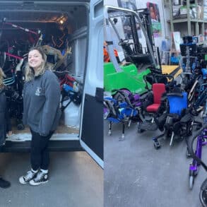 Photo of donated medical equipment and Hollie and Danielle standing by the loaded van