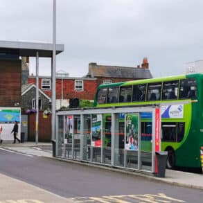 Newport Bus Station, with passengers waiting for buses