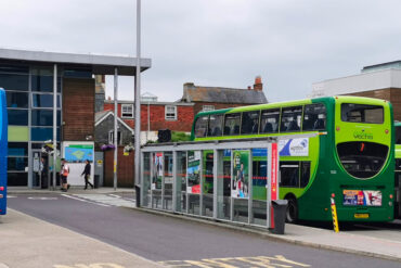Newport Bus Station, with passengers waiting for buses