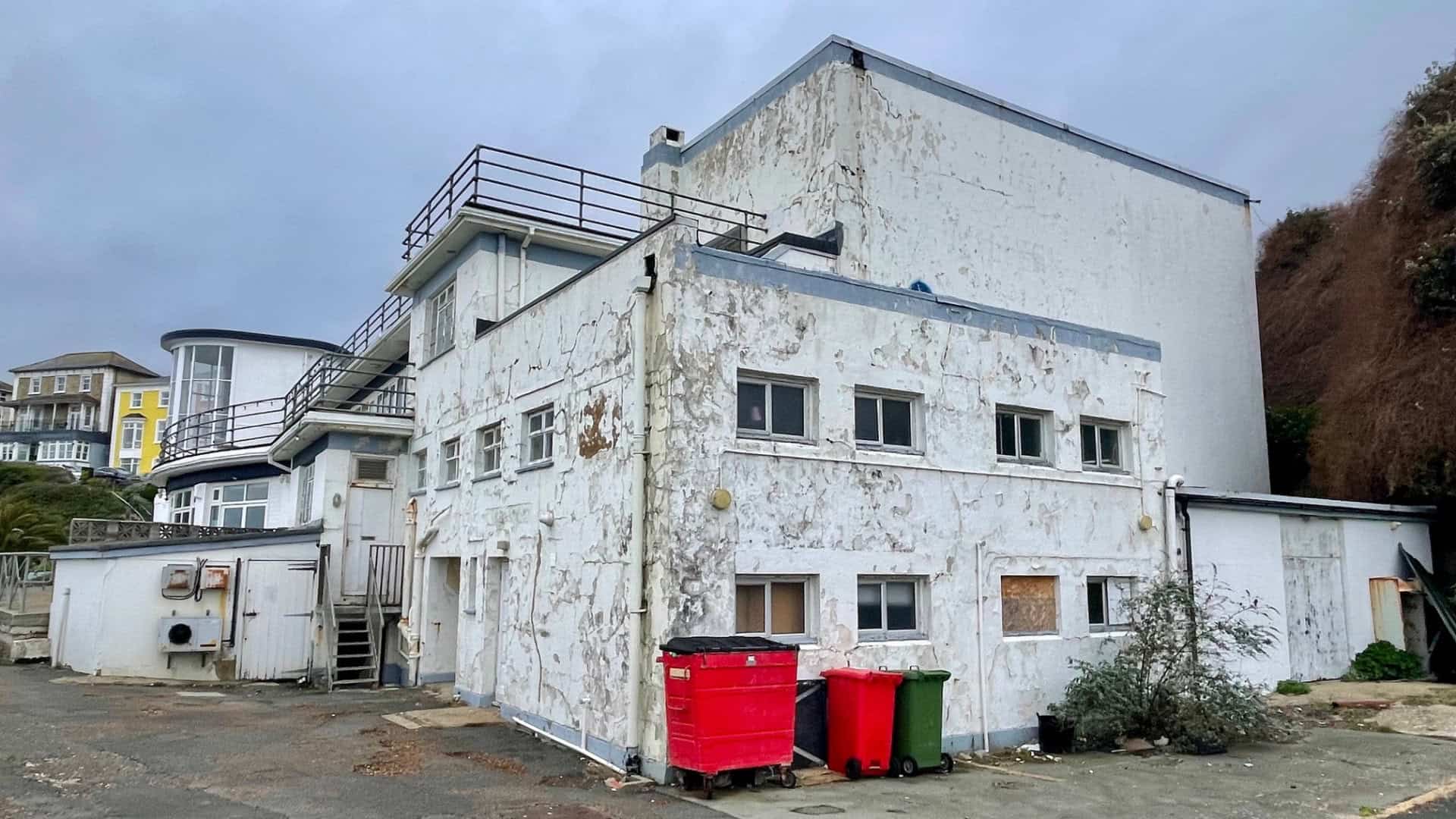 Rear of the Ventnor Winter Gardens, showing flakey paint and damage to building