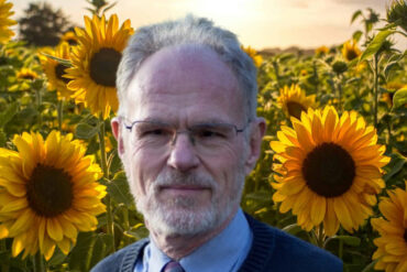 a field of sunflowers with photo of colin palmer in the foreground