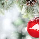 red bauble hang on fir branch in snow