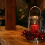 red candle in glass chamber wrapped with red berries