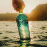 person holding a bittle of mermaid gin in the sea
