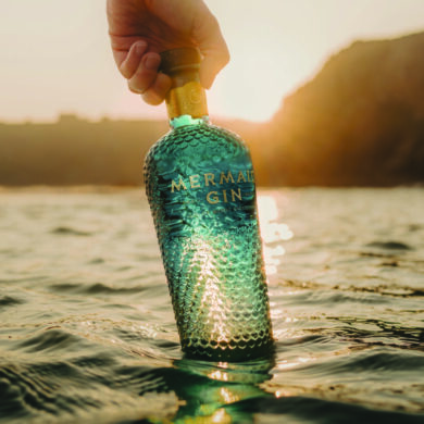 person holding a bittle of mermaid gin in the sea