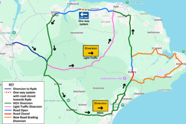 Island Roads diversion map for fishbourne and brading works