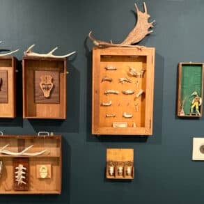 Rag and Bones exhibition at Quay Arts showing artworks and shadows on display