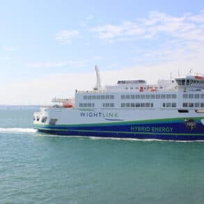 The hybrid ferry, Victoria of Wight, entering Portsmouth Harbour