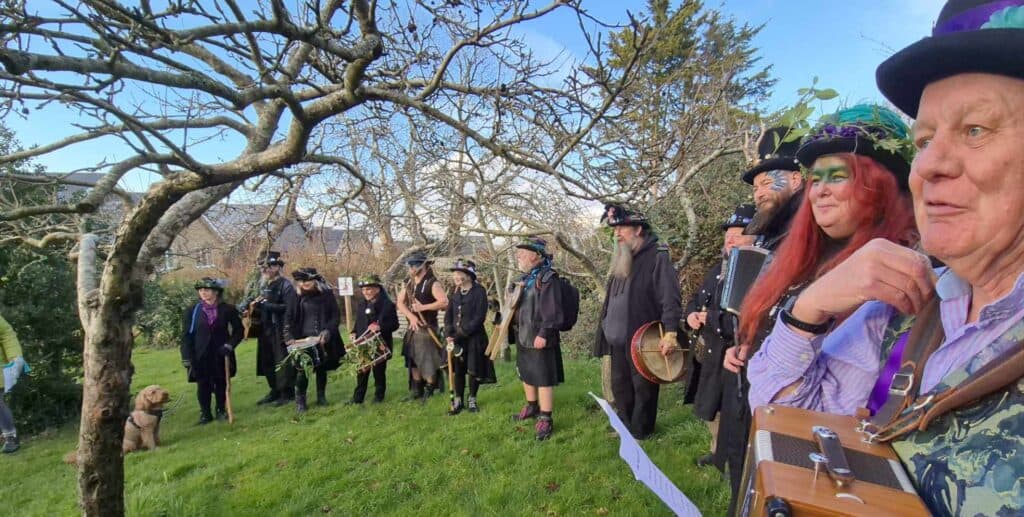 Moonshine Border Morris dancers wassailing around a tree